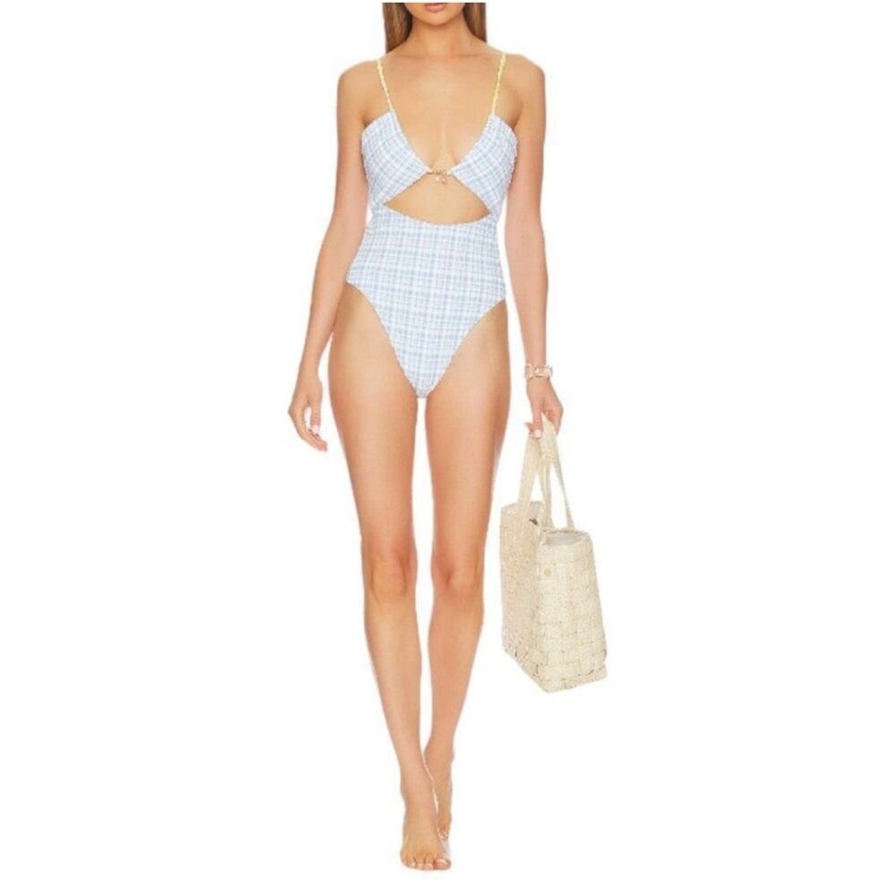 L*Space White Blue Plaid Ocean Charm Rizzo Cut Out One Piece in Powder Blue L - Picture 7 of 11